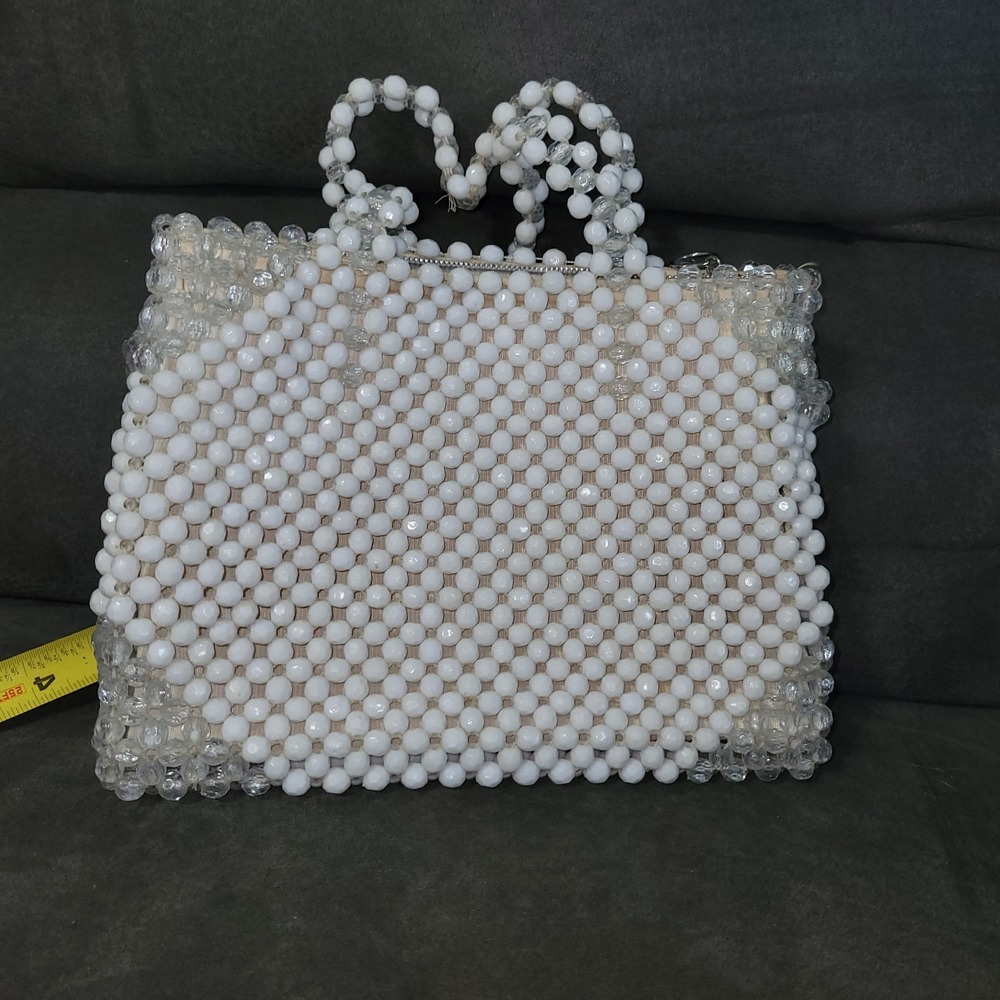 Vintage White Clear Beaded Double Handled Handbag Purse Hong Kong